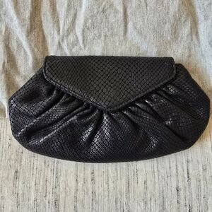 Vintage Lauren Merkin Reptile Textured Black Leather Clutch